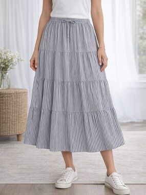 Talbots Blue Eyelet Cotton Skirt Elastic Waist Lined Midi Skirt 31” Length Large